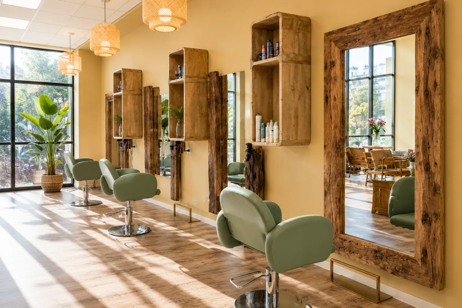 Interno del salone a Olbia: postazioni con grandi specchi in legno recuperato e luce naturale